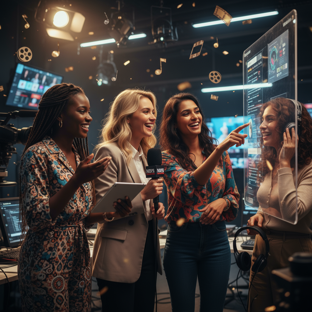 a group of beautiful and happy young girls working in media and entertainment. The girls must be of mixed lineage – white blonde, Indian, black African and middle eastern