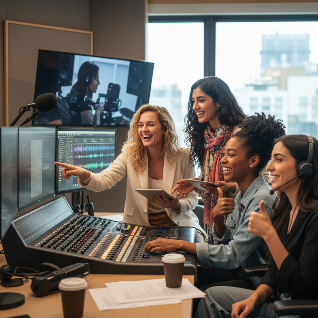 a group of beautiful and happy young girls working in media and entertainment. The girls must be of mixed lineage – white blonde, Indian, black African and middle eastern