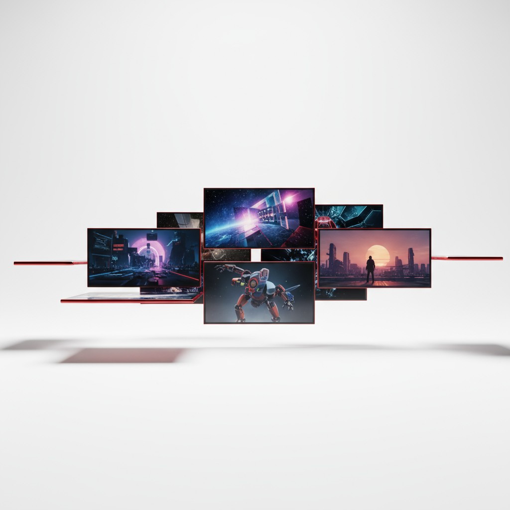 Here is what the image contains: • It appears to be a laptop with seven lit-up pictures when opened • (Gaming-related pict...