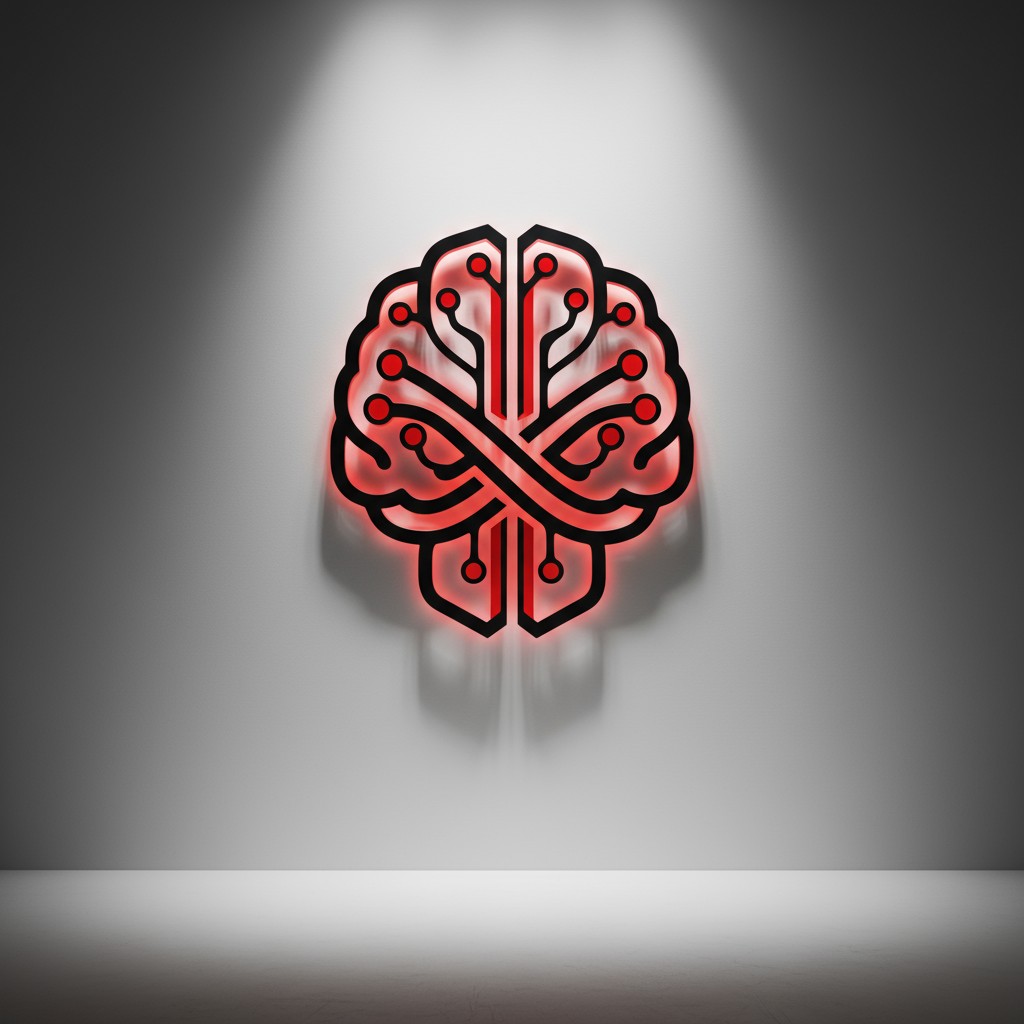 A stylized metal-style brain with a red glow, overlaid and connected by circuitry.