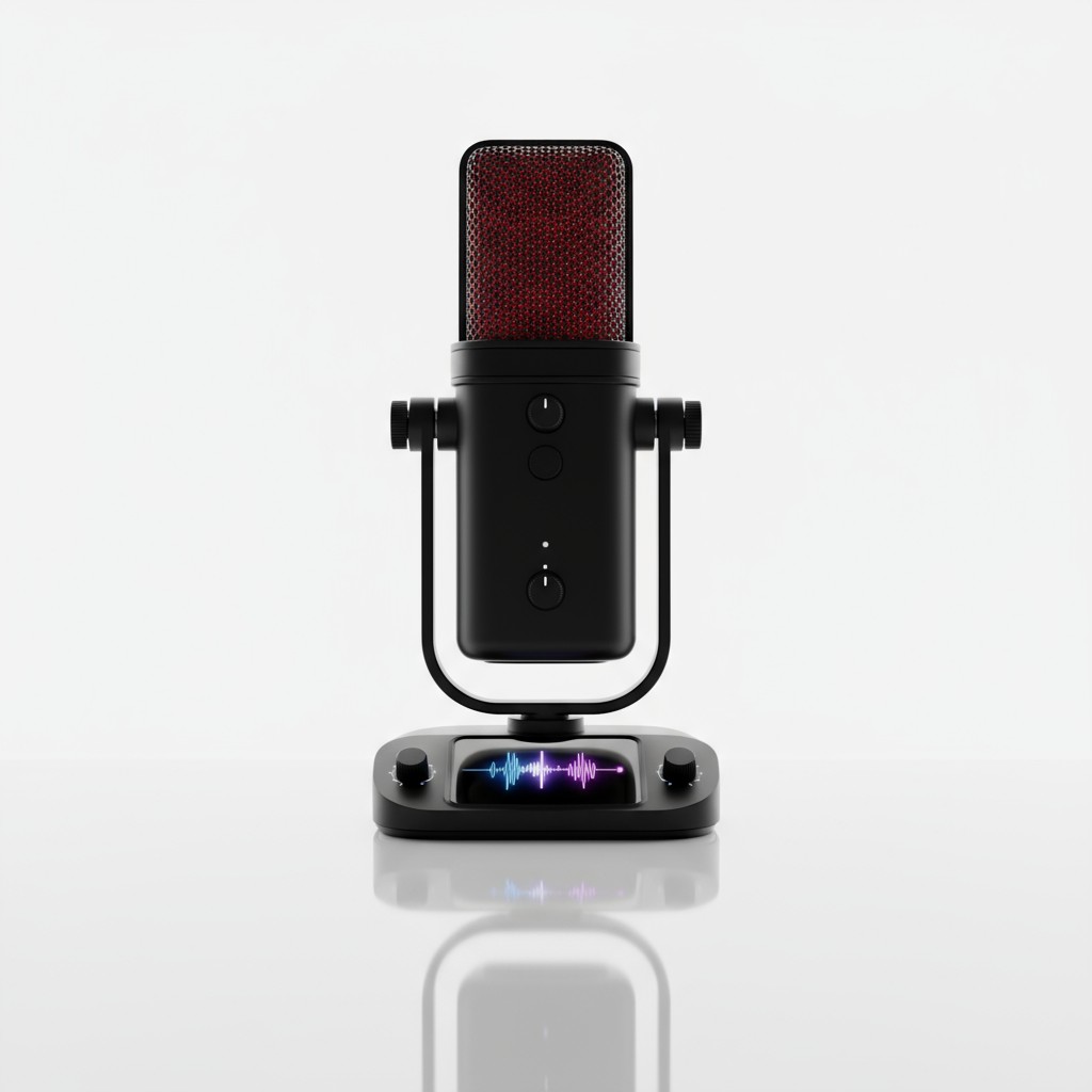 Here is the rewritten caption: The image depicts a sleek black microphone with a red grill on a stand against a gray backg...