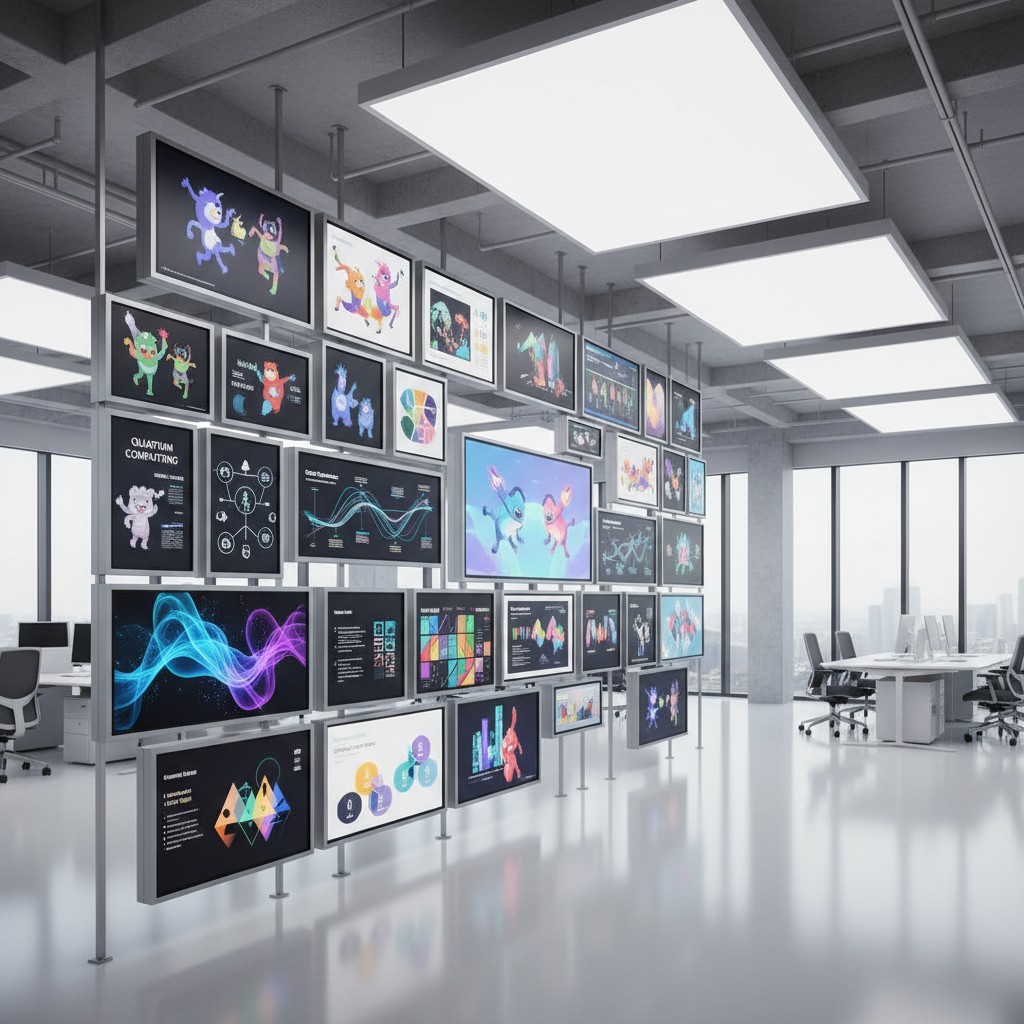 The corporate office is equipped with an extensive digital presentation wall. The panel wall features a diverse array of r...